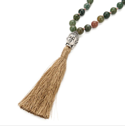 Buddha Head 108 Bead Mala Necklace - Handcrafted Agate