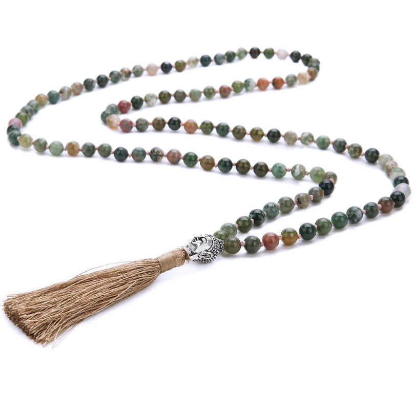 Buddha Head 108 Bead Mala Necklace - Handcrafted Agate
