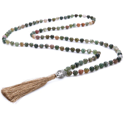 Buddha Head 108 Bead Mala Necklace - Handcrafted Agate