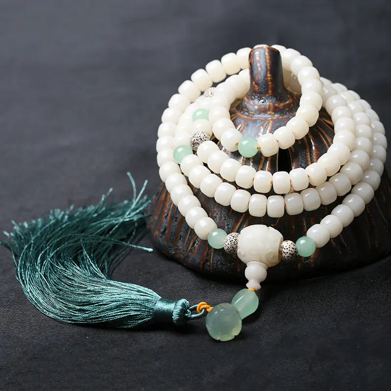 Natural White Bodhi Seed Bracelet - 108 Mala beads with Tassel