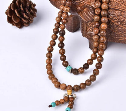 Buddhist Natural Wood Prayer Bead Bracelet, 108 Mala Beads