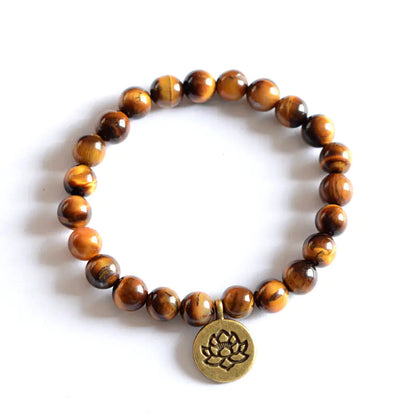 Mala Beads Bracelet with Tiger Eye, Lotus & Om Pendant
