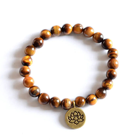 Mala Beads Bracelet with Tiger Eye, Lotus & Om Pendant