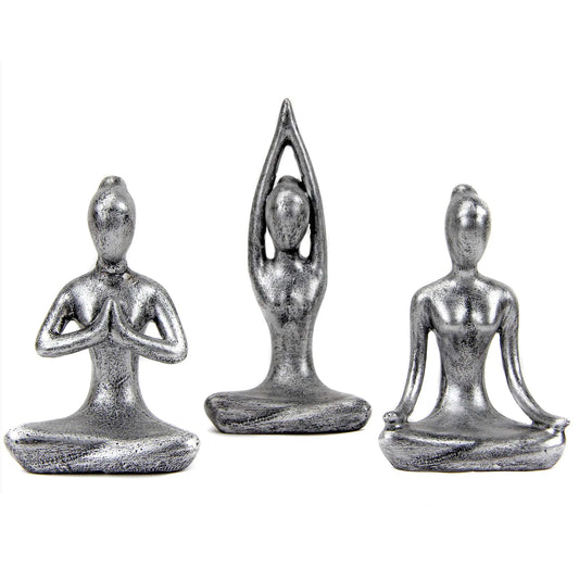 Leekung Yoga Meditation Statue Set of 3 – Antique Silver Zen Yoga Figurines for Home & Meditation Decor
