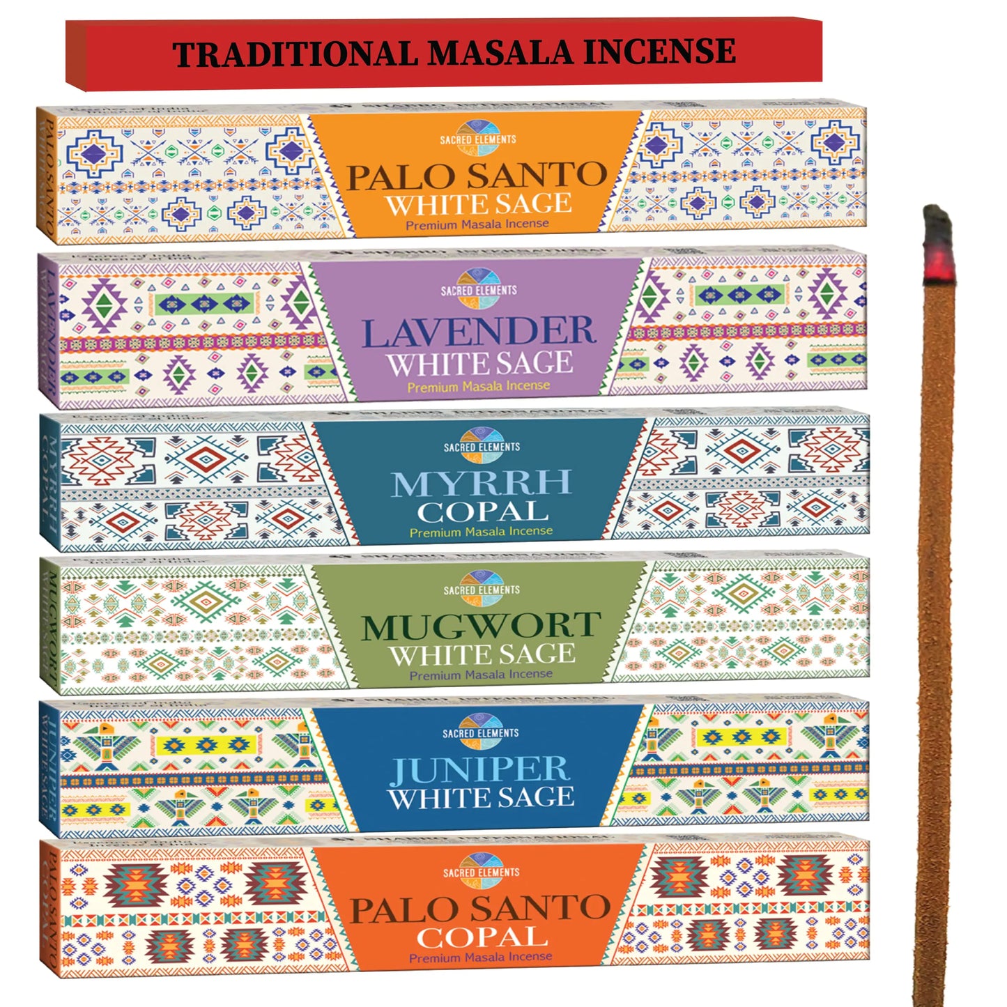 Sacred Elements Masala Incense Variety Pack — 6 Artisan Scents | White Sage, Lavender, Myrrh, Copal, Palo Santo & More