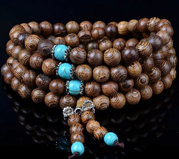 Buddhist Natural Wood Prayer Bead Bracelet, 108 Mala Beads