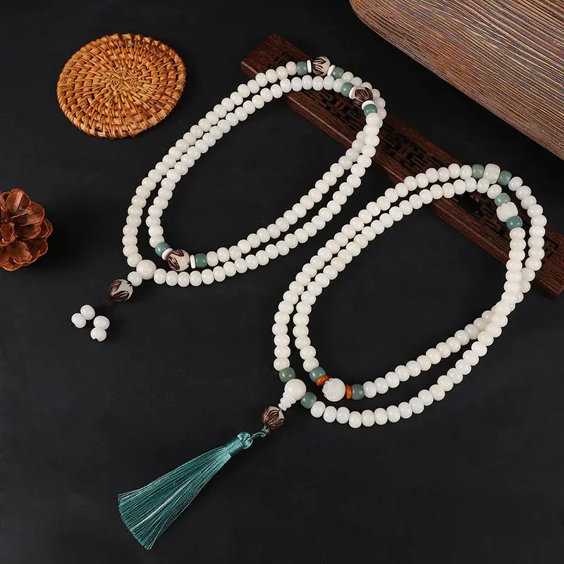 Natural White Bodhi Seed Bracelet - 108 Mala beads with Tassel