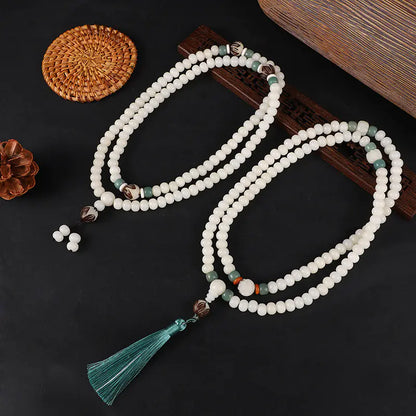 Natural White Bodhi Seed Bracelet - 108 Mala beads with Tassel
