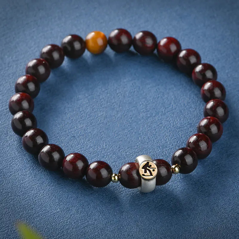 Buddhist Red Sandalwood Bracelet with Silver Mantra