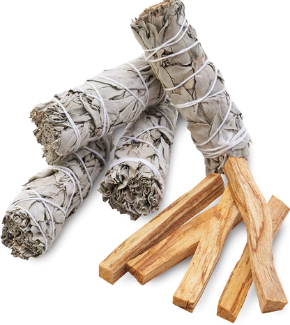 White Sage & Palo Santo Smudging Bundle — 4 Sage Sticks & 5 Palo Santo | Sustainably Sourced
