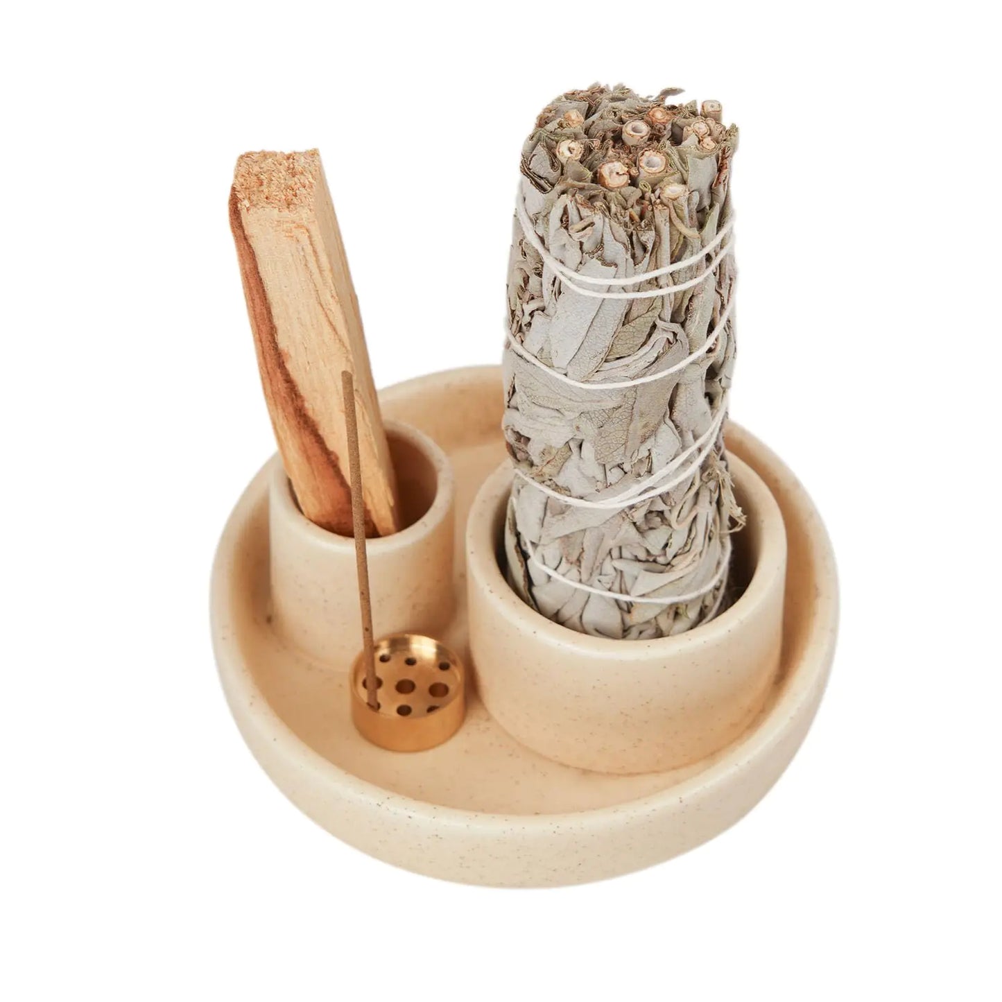 4-in-1 Ceramic Incense Holder — Sand | Palo Santo, Sage, Sticks & Candle | Ash Catcher Tray