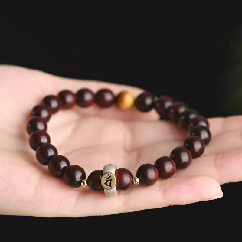 Buddhist Red Sandalwood Bracelet with Silver Mantra