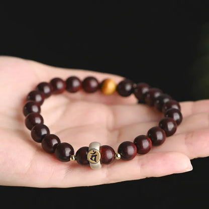 Buddhist Red Sandalwood Bracelet with Silver Mantra