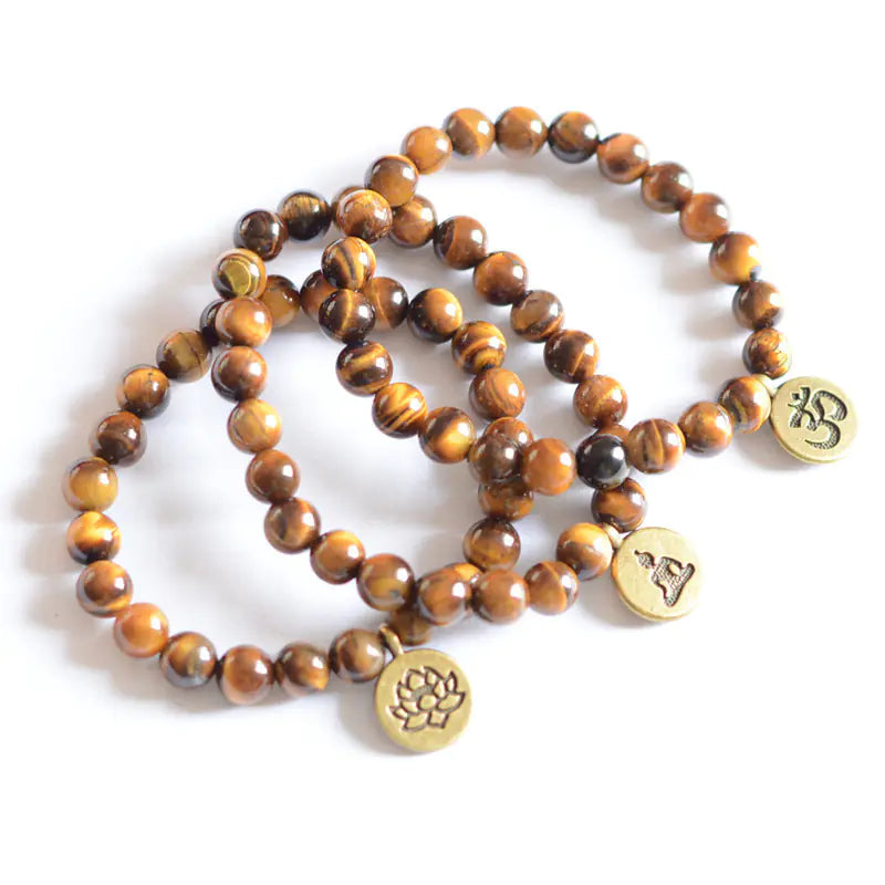 Mala Beads Bracelet with Tiger Eye, Lotus & Om Pendant