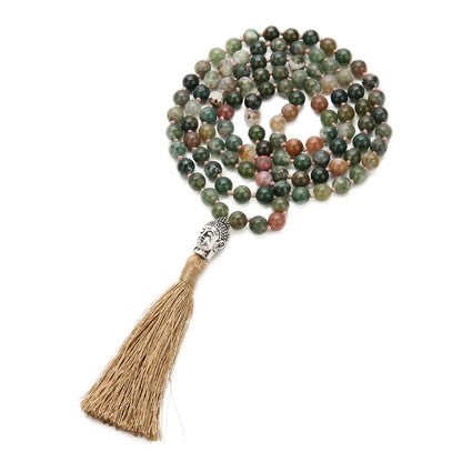 Buddha Head 108 Bead Mala Necklace - Handcrafted Agate