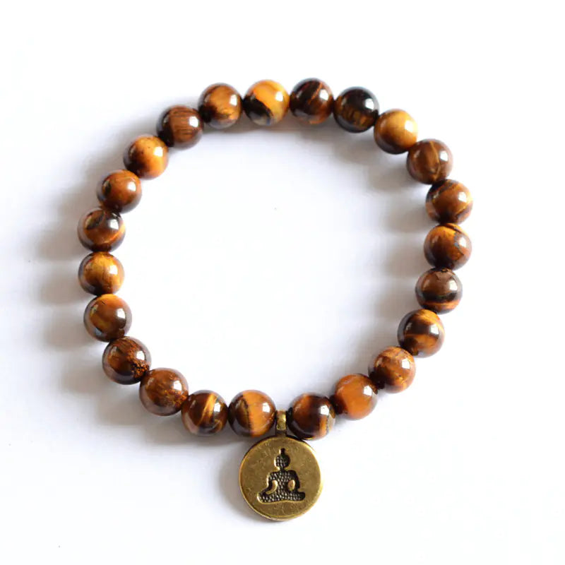 Mala Beads Bracelet with Tiger Eye, Lotus & Om Pendant