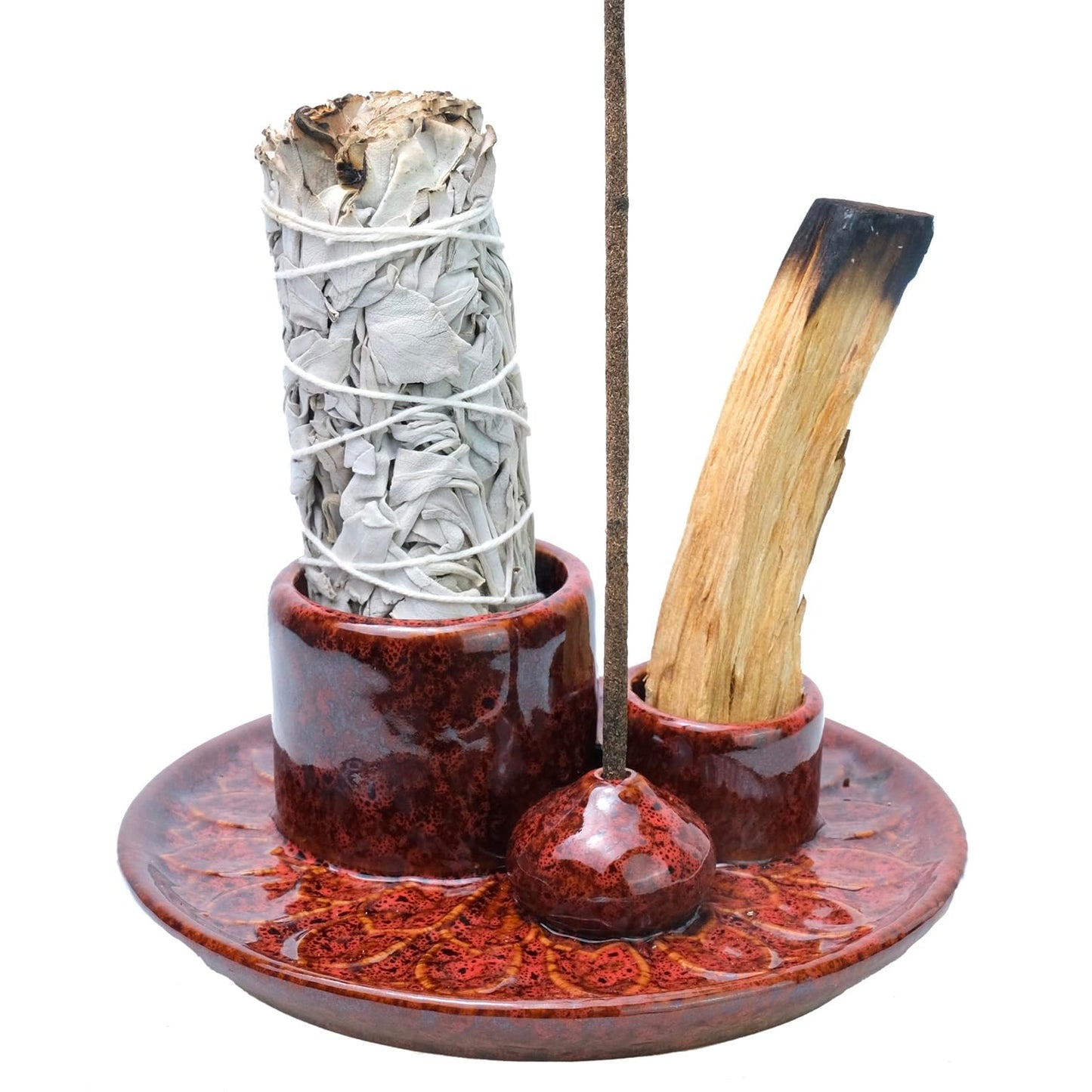4-in-1 Ceramic Incense Holder — Red | Palo Santo, Sage, Sticks & Candle | Ash Catcher Tray