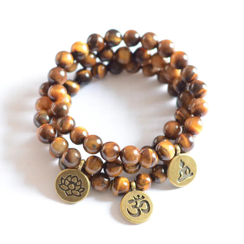 Mala Beads Bracelet with Tiger Eye, Lotus & Om Pendant