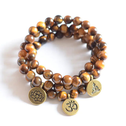 Mala Beads Bracelet with Tiger Eye, Lotus & Om Pendant