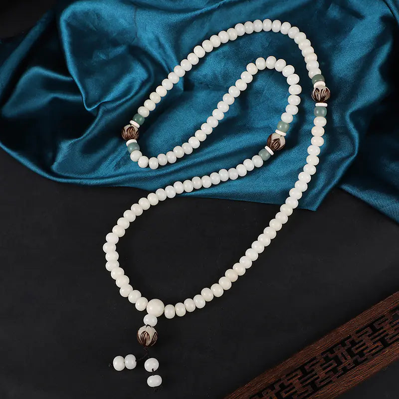 Natural White Bodhi Seed Bracelet - 108 Mala beads with Tassel