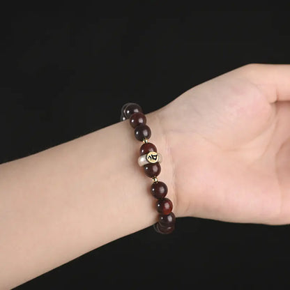 Buddhist Red Sandalwood Bracelet with Silver Mantra