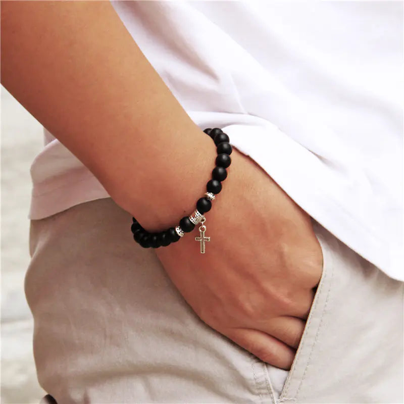 Volcanic Rock and Black Agate Beaded Bracelet for Men & Women