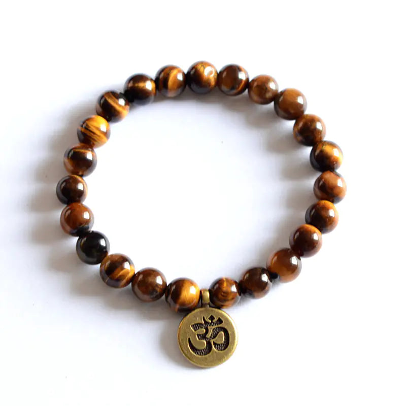Mala Beads Bracelet with Tiger Eye, Lotus & Om Pendant