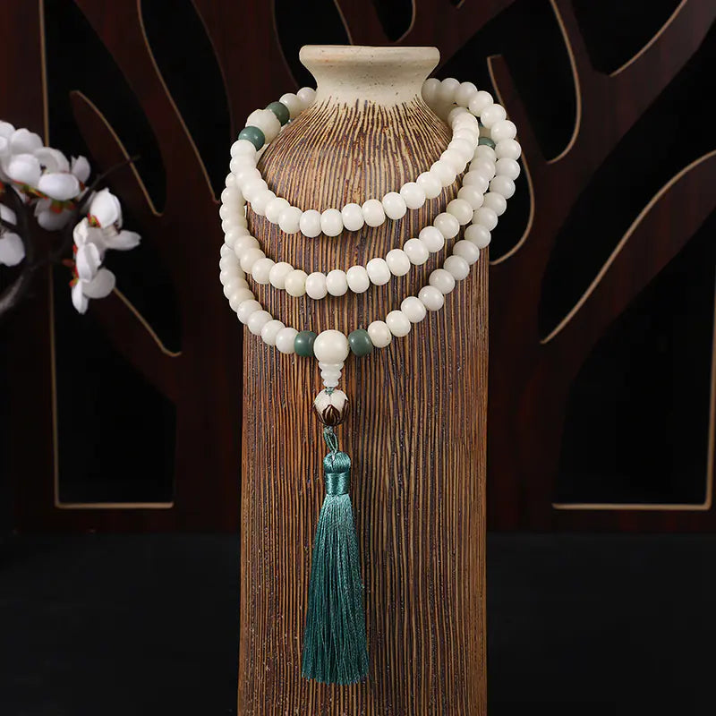 Natural White Bodhi Seed Bracelet - 108 Mala beads with Tassel