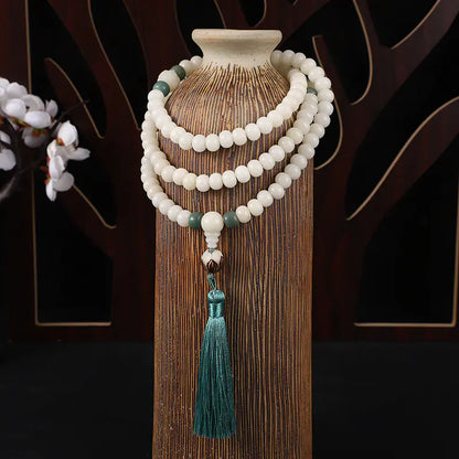 Natural White Bodhi Seed Bracelet - 108 Mala beads with Tassel