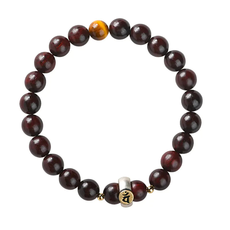 Buddhist Red Sandalwood Bracelet with Silver Mantra