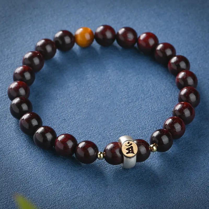 Buddhist Red Sandalwood Bracelet with Silver Mantra